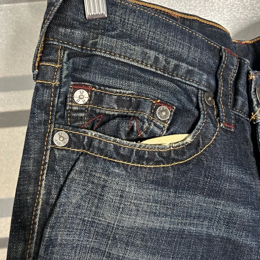 True Religion Geno Jeans Mens 30 Blue Relaxed Slim Dark Wash Raw Hem Streetwear